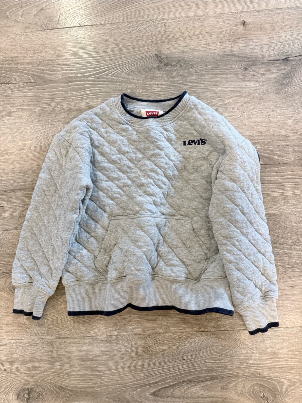 Levi's Light Gray Quilted Crewneck with Navy Trim